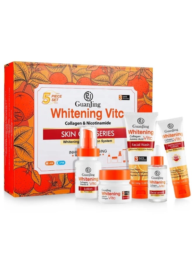 GUANJING Vitamin C Skin Care Set, Whitening Vitamin C Skincare Set with Collagen & Nicotinamide, Vitamin C lotion, Facial Wash, Facial Serum, Sunscreen Lotion & Facial Cream Skin Care Series Set - Image 1